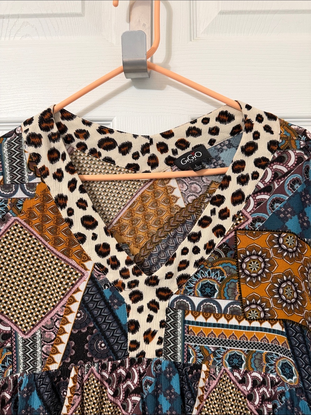 Gigio Multicolor Patchwork V-Neck Tunic — Teal, Mustard & Ivory - Picture 3 of 8